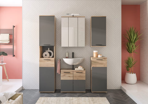 Rootz Bathroom Furniture Set - 4 Piece Wood Set - Basalt Gray Front - Nox Oak Body - 112cm x 34cm - Timeless Design - Modular System