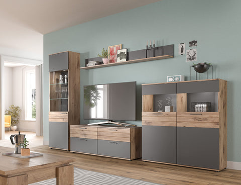 Rootz MASON Display Cabinet - Glass Showcase - 2 Door Cabinet - Modern Design - Basalt Gray - Nox Oak - 110cm x 122cm x 37cm