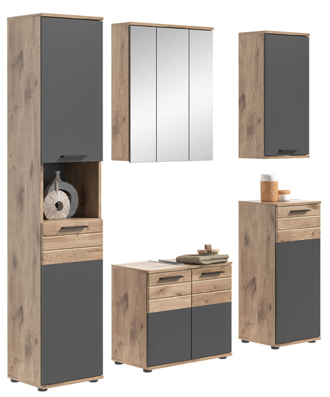 Rootz 5 Piece Bathroom Furniture Set - Wood Material - Basalt Gray Replica - Nox Oak Replica - Timeless Design - FSC Certified - Modular - 175cm x 50cm x 181.5cm