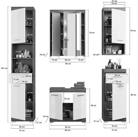 Rootz 5 Piece Bathroom Furniture Set - Modular Vanity Set - Wood Material - High-Gloss White Front - Smoke Silver Finish - FSC Certified - Dimensions: 120cm x 80cm x 45cm