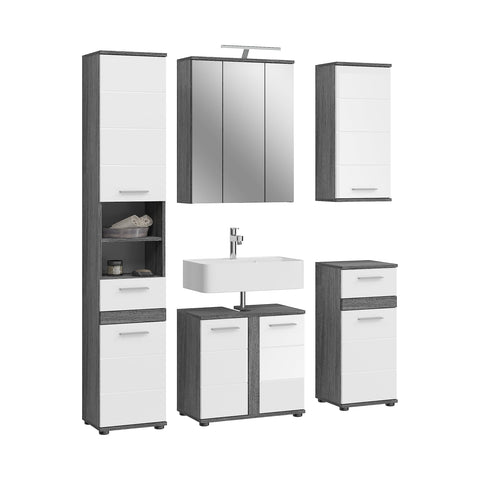 Rootz 5-Piece Set Bathroom Furniture - Vanity Set - Wood Material - High-Gloss Front - Smoked Silver - 60cm x 50cm x 180cm