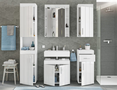 Rootz Snow 3-Door Bathroom Mirror Cabinet - White Wood Furniture - Wall Mounted - 6 Shelves - FSC Certified - 60cm x 71cm x 18cm