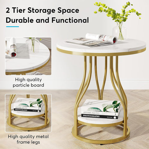 Rootz White Gold 2-Tier Round Side Table - End Table - Nightstand - Modern Design - 50 cm D x 50 cm W x 59 cm H