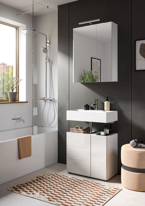 Rootz Vira Bathroom Furniture Set - White Gloss - High-Gloss Bathroom Set - Space-Saving - Sustainable - 60cm x 56cm x 34cm