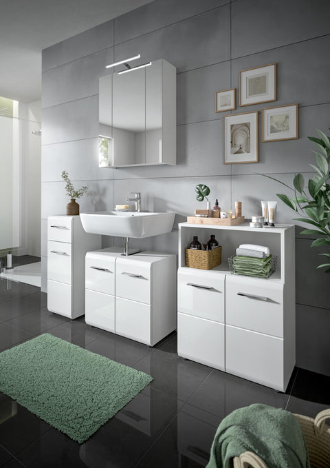 Rootz White High Gloss Sink Base Cabinet - Bathroom Vanity - Wood Vanity Unit - Under Sink Storage - 60cm x 54cm x 32cm - FSC Certified Wood