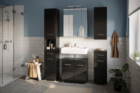 Rootz Bathroom Furniture Set - Vanity Set - Bath Ensemble - Black High Gloss - 5-Piece Set - Stylish Design - 120cm x 50cm x 90cm