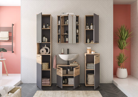 Rootz X12B8725 Bathroom Mirror Cabinet - Wooden Wall Cabinet - Walnut Look - Basalt Gray Front - Nox Oak Body - FSC Certified - 60cm x 77cm x 34cm