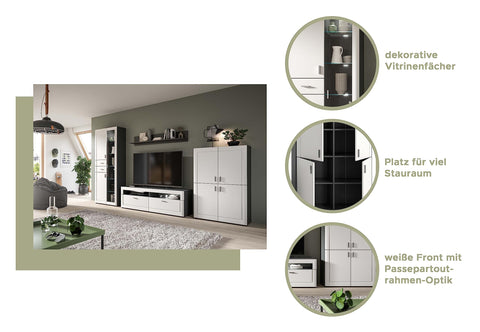 Rootz Wood 3-Piece Living Set - Grey/White Matt - Systematic Living - FSC Certified - Highboard - TV Lowboard - Wall Shelf - 120cm x 40cm x 180cm