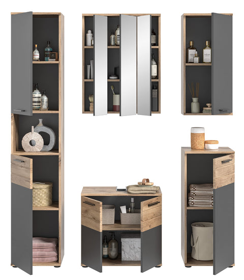 Rootz 5 Piece Bathroom Furniture Set - Wood Material - Basalt Gray Replica - Nox Oak Replica - Timeless Design - FSC Certified - Modular - 175cm x 50cm x 181.5cm