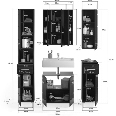 Rootz Bathroom Furniture Set - Vanity Set - Bath Ensemble - Black High Gloss - 5-Piece Set - Stylish Design - 120cm x 50cm x 90cm