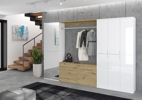 Rootz 4-Piece Wardrobe Combination - White Gloss/Mirror - Artisan Oak - Storage - 273cm x 193cm x 34cm