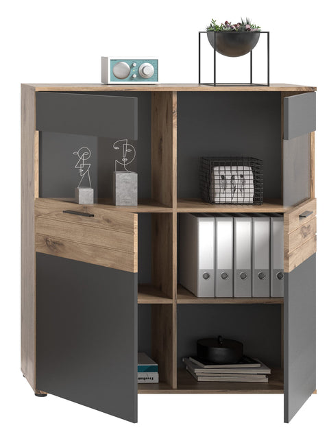 Rootz MASON Display Cabinet - Glass Showcase - 2 Door Cabinet - Modern Design - Basalt Gray - Nox Oak - 110cm x 122cm x 37cm