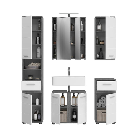 Rootz 5-Piece Set Bathroom Furniture - Vanity Set - Wood Material - High-Gloss Front - Smoked Silver - 60cm x 50cm x 180cm