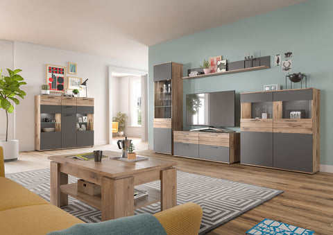 Rootz MASON 3 Door Sideboard - Glass Front Cabinet - Storage Organizer - Nox Oak Finish - 140cm x 134cm x 37cm, Gray