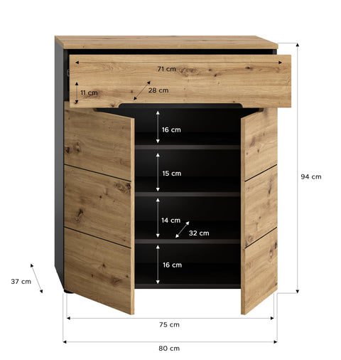 Rootz Canu Shoe Cabinet - Wardrobe Organizer - Shoe Storage - Sustainable - 80cm x 94cm x 37cm, Gray, High-Quality - Timeless Design