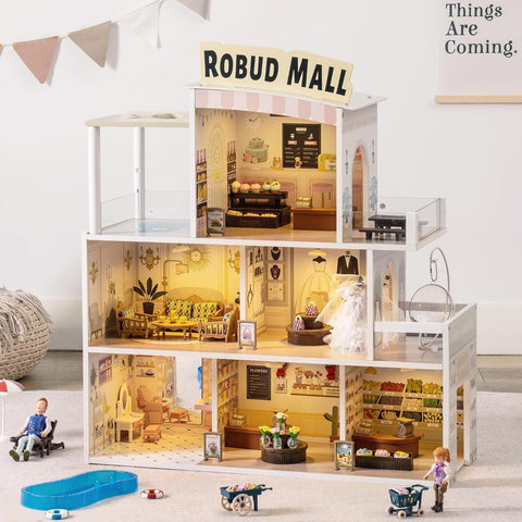 Rootz Wooden Shopping Mall Dollhouse - Magical Playtime Experience - Interactive Playhouse - Miniature Accessories - High-Quality Craftsmanship - 76 x 51 x 89 cm