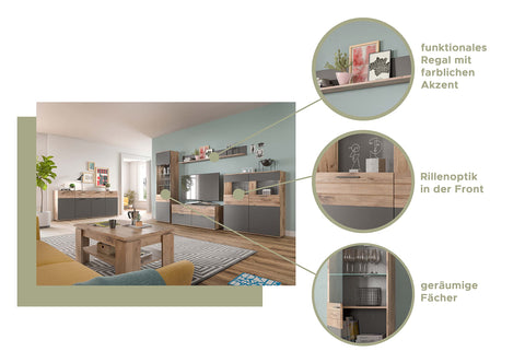 Rootz MASON 3 Door Sideboard - Glass Front Cabinet - Storage Organizer - Nox Oak Finish - 140cm x 134cm x 37cm, Gray