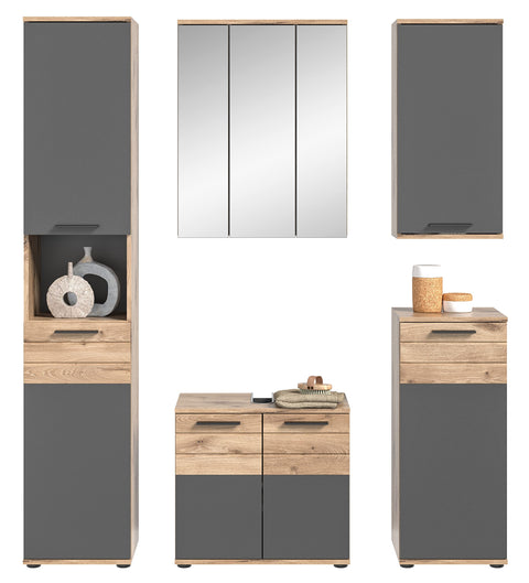 Rootz Bathroom Furniture Set - Tall Cabinet - Vanity Cabinet - Bath Cabinets - Timeless Design - Wood Material - Basalt Gray Replica - Nox Oak Replica - 164cm x 34cm