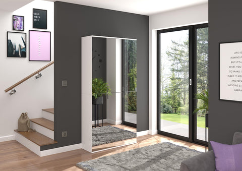 Rootz Wood Material High-Gloss White Wardrobe Mirror Set - Shoe Rack - Entryway Hallway Furniture - Sustainable FSC Certified - 91cm x 193cm