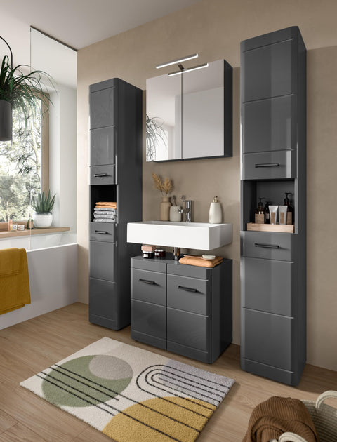 Rootz Sink Base Cabinet - Gray Glossy MDF Vanity - Bathroom Cupboard - Generous Storage - 60cm x 56cm x 34cm