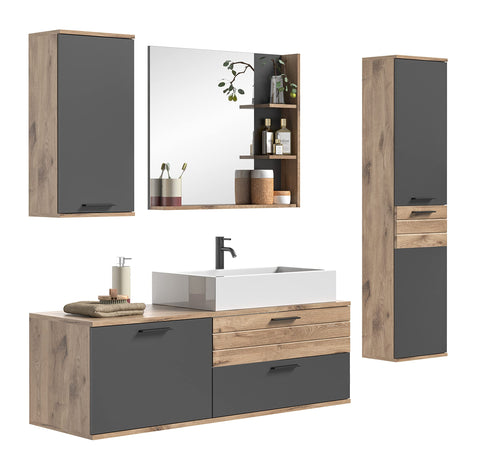 Rootz Wood Bathroom Furniture Set - Natural Material - Basalt Gray Replica - Nox Oak Replica - Timeless Design - 192cm x 48cm