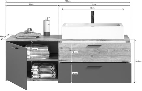 Rootz Wooden Bathroom Vanity Unit - Sink Cabinet - Nox Oak Replica - Basalt Grey Front - FSC Certified - 136cm x 48cm