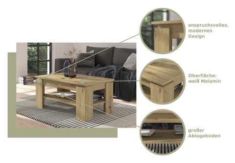Rootz Titan Coffee Table - Wooden Material - Artisan Oak Replica - Sustainable Production - 100cm x 45cm x 60cm