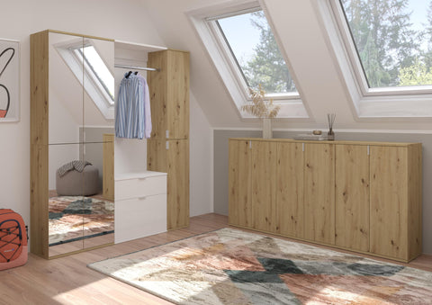 Rootz 3-Piece Wardrobe Combination - Artisan Oak Nb. - High Gloss White - Mirror Glass - Generous Storage - 152cm x 193cm x 34cm