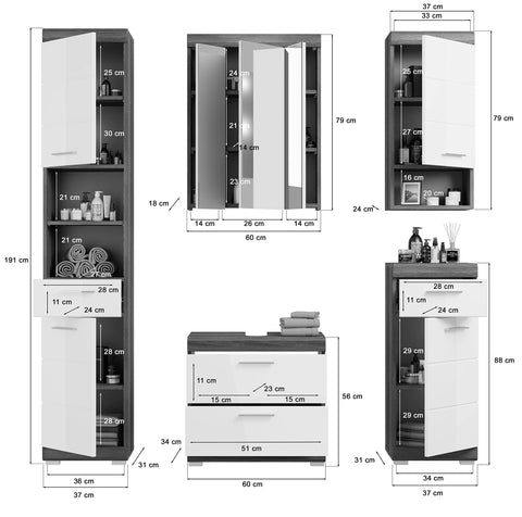 Rootz Bathroom Furniture Set - Wood Material - White High-Gloss Front - Smoke Silver Replica Body - Modular Design - FSC Certified - 5 Piece Set - Easy to Clean - Space Saving - Dimensions: Varied