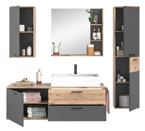 Rootz Wood Bathroom Furniture Set - Natural Material - Basalt Gray Replica - Nox Oak Replica - Timeless Design - 192cm x 48cm