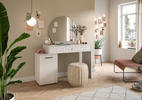 Rootz Prisma Dressing Table in White High Gloss - Desk - Cosmetic Table - 1 Door - 1 Drawer - Space-saving - 117cm x 138cm x 42cm