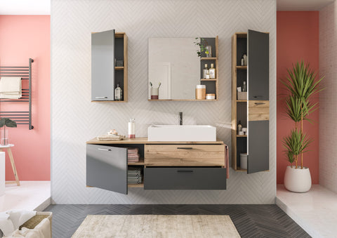 Rootz Wooden Bathroom Vanity Unit - Sink Cabinet - Nox Oak Replica - Basalt Grey Front - FSC Certified - 136cm x 48cm