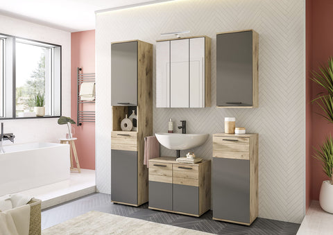 Rootz 5 Piece Bathroom Furniture Set - Wood Material - Basalt Gray Replica - Nox Oak Replica - Timeless Design - FSC Certified - Modular - 175cm x 50cm x 181.5cm