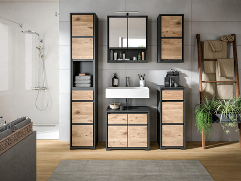 Rootz Tall Cabinet Nox Oak Nb - Anthracite Body - Black Nb - Modern & Stylish - 35cm x 190cm x 31cm - FSC-certified Wood