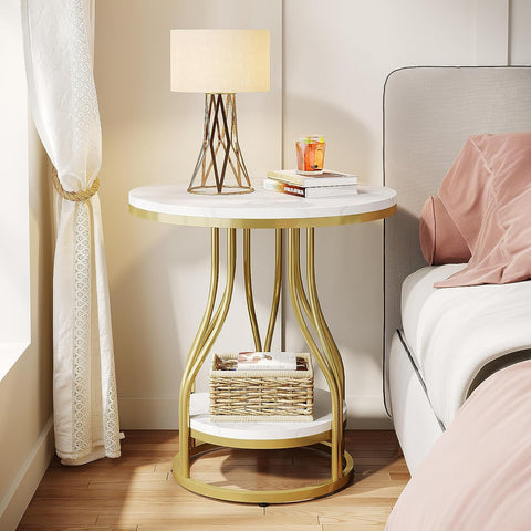 Rootz White Gold 2-Tier Round Side Table - End Table - Nightstand - Modern Design - 50 cm D x 50 cm W x 59 cm H