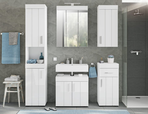 Rootz Snow Tall Bathroom Cabinet - Wood Storage - White - Systematic Organization - Approx. 190x36x32 cm