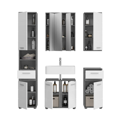 Rootz 5 Piece Set Bathroom Furniture - Vanity Set - Wood Set - White High-Gloss - Smoked Silver Finish - FSC Certified - 120cm x 50cm x 60cm