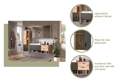 Rootz Bathroom Furniture Set - Vanity Set - Wood Material - Nox Oak/Grey Matt - Timeless Design - 100cm x 190cm