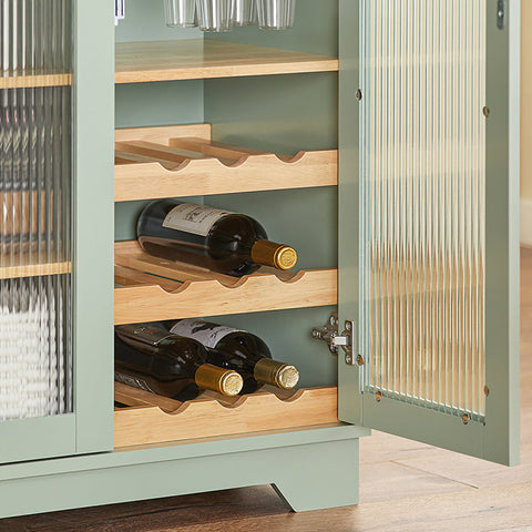 Rootz Modern Sideboard with Glass Doors - Kitchen Cabinet - Dresser - Hall Closet - Storage Organizer - Wine Glass and Bottle Holder - Spacious Microwave Compartment - MDF and Rubber Wood - 120cm x 90cm x 40cm - Green