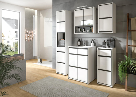 Rootz Tall White Gloss Bathroom Cabinet - High Gloss Tall Cupboard - White Bathroom Organizer - 35cm x 190cm x 31cm