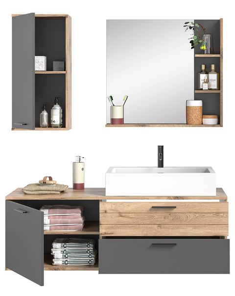 Rootz Bathroom Furniture Set - Wood Material - Basalt Gray Replica - Nox Oak Replica - 140cm x 48cm - Timeless Design - Space Saving - FSC Certified