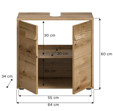 Rootz Evoke Oak Sink Base Cabinet - Washbasin Cabinet - Bathroom Vanity - Natural Wood Look - 64cm x 60cm x 34cm
