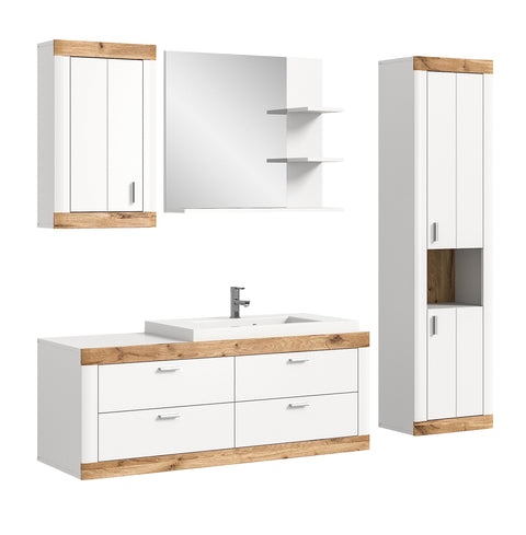 Rootz X2BE4B02 Bathroom Furniture Set - Wood Material - White - 4 Piece System - Timeless Design - FSC Certified - Easy to Clean - Dimensions: N/A