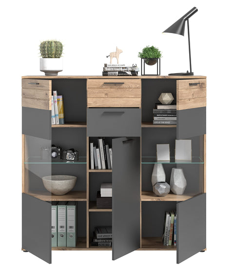 Rootz MASON 3 Door Sideboard - Glass Front Cabinet - Storage Organizer - Nox Oak Finish - 140cm x 134cm x 37cm, Gray