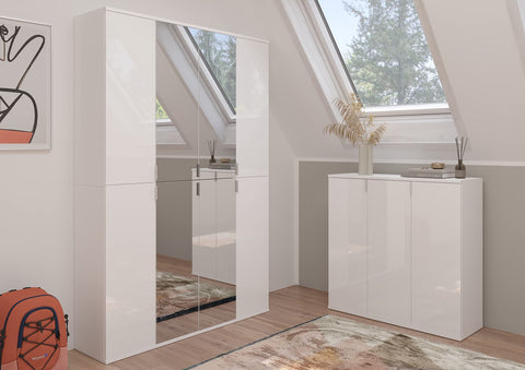 Rootz High Gloss White Wardrobe - Shoe Rack - Bag Storage - Wood Material - 121cm x 193cm x 34cm