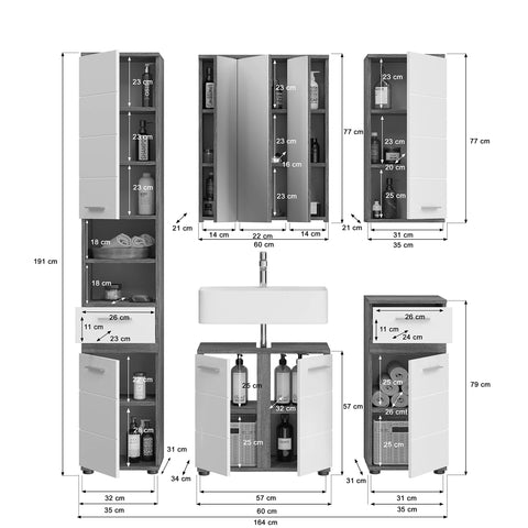 Rootz 2 Piece Set Bathroom Furniture - Vanity Set - Illuminated Vanity - Wood Material - White High-Gloss Finish - Smoked Silver Replica - FSC Certified - Timeless Design - Space-Saving - 120cm x 50cm