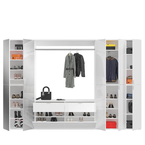 Rootz Wood Systematic Wardrobe - High-Gloss White Material - Shoe and Bag Storage - 273cm x 193cm - Sustainable FSC Certified Production