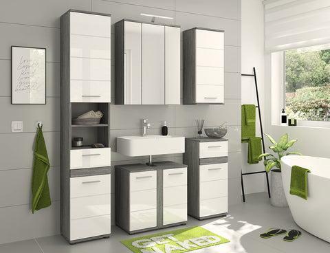 Rootz 4 Piece Set Bathroom Furniture - Wood Material - White High-Gloss Front - Smoked Silver Finish - Timeless Design - FSC Certified - 70cm x 60cm x 75cm