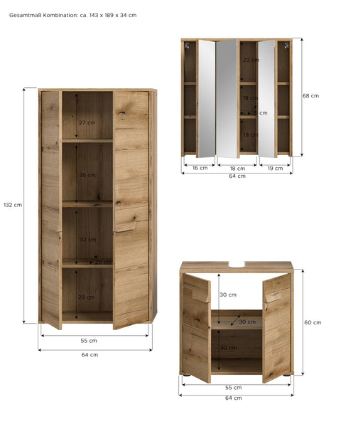 Rootz 3-Piece Set Evoke Oak - Bathroom Combination - Storage Cabinet - Generous Space - 143cm x 189cm x 34cm