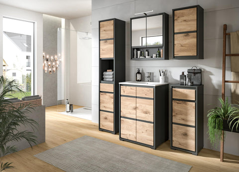Rootz Tall Cabinet Nox Oak Nb - Anthracite Body - Black Nb - Modern & Stylish - 35cm x 190cm x 31cm - FSC-certified Wood